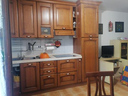 a kitchen with wooden cabinets and a sink at Appartamento a Sella Nevea Casa Susanna in Sella Nevea