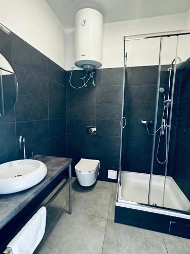 a bathroom with a shower and a sink and a toilet at Albergo KOLODZIEJ in Siemianowice Śląskie