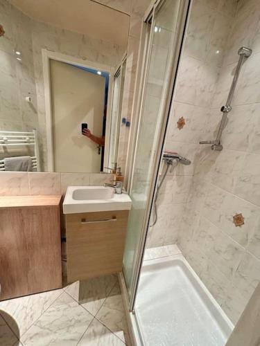 une salle de bain avec une douche, un lavabo et une baignoire dans l'établissement Studio Pause détente à Corbas accès Piscine, confort & tranquillité, à Corbas