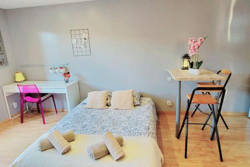une chambre avec un lit, une table et un bureau dans l'établissement Studio Pause détente à Corbas accès Piscine, confort & tranquillité, à Corbas
