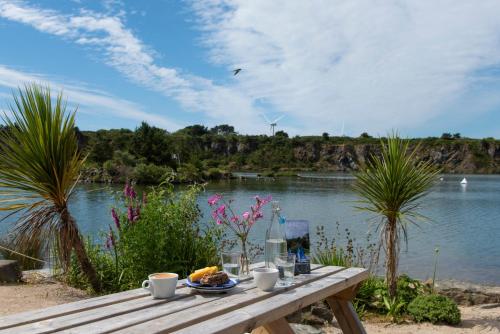 einem Picknicktisch mit Blick auf einen Wasserkörper in der Unterkunft Trevassack Holidays in Helston