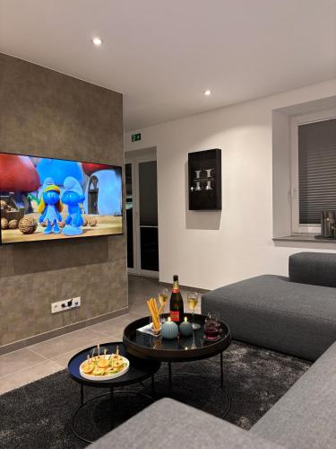 a living room with a couch and a tv at Hyronimus House in Amblève