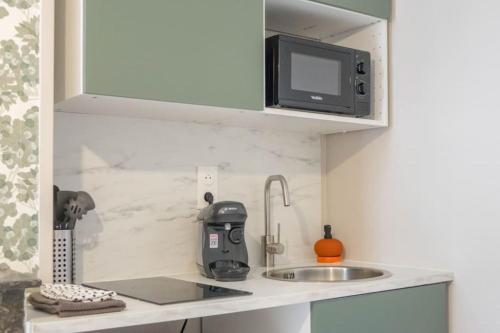 un comptoir de cuisine avec un évier et un micro-ondes dans l'établissement Appartement centre historique, à Orléans