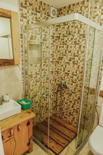 a bathroom with a shower and a sink at Villa Dihovo in Bitola