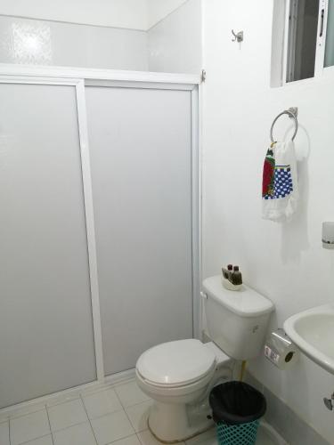 a white bathroom with a toilet and a sink at Departamento en Tonalá in Guadalajara