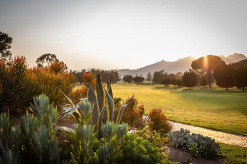 a garden with plants and the sunset in the background at Devonvale Golf & Wine Estate in Stellenbosch