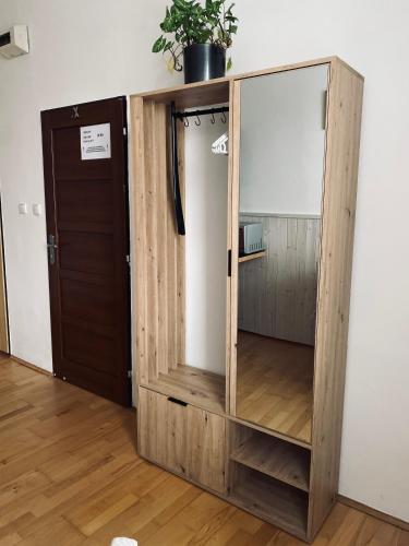 a wooden cabinet with a mirror in a room at Ubytování Stará in Ústí nad Labem