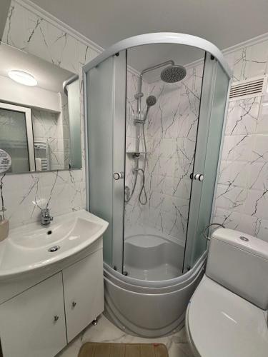 a bathroom with a shower and a toilet and a sink at Casa Dracea in Comarnic