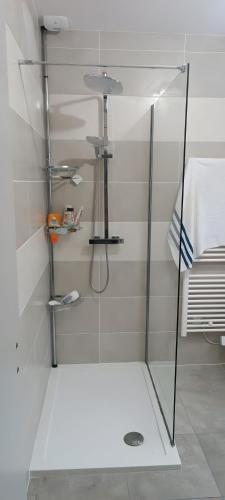 une douche avec une porte vitrée dans une salle de bain dans l'établissement Villa proche plage pour 4 pers, à Vielle-Saint-Girons