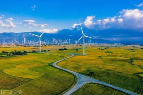 an aerial view of a wind farm with wind turbines at Dan's house in Kinh Dinh