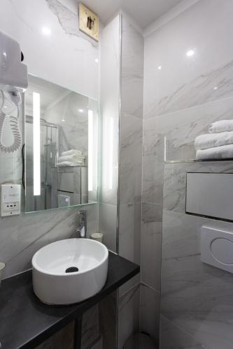 a bathroom with a white sink and a shower at Hôtel Léonard de Vinci II in Paris