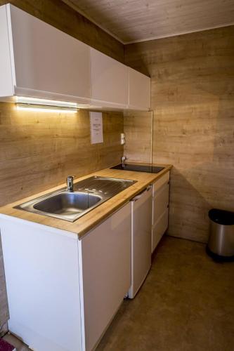 une petite cuisine avec un évier et un comptoir dans l'établissement Appartement Le Licol, à Petite Sainte-Anne