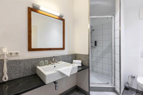 a bathroom with a sink and a shower at Apartments am Schloss Mühldorf in Feldkirchen an der Donau