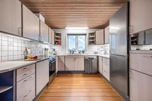 a kitchen with stainless steel appliances and a wooden ceiling at Lovely Holiday House With 4 Rooms Close To The North Sea in Frøstrup