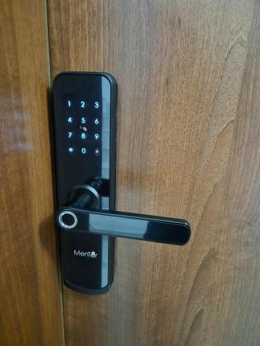 a black door handle on a wooden door at Cinque Stelle Hotel Apartments in Cluj-Napoca