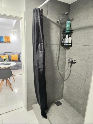 a shower with a black shower curtain in a bathroom at Apartment Marina in Kotor