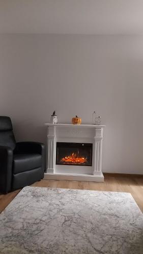 sala de estar con chimenea, sofá y silla en Casa Dinca, en Craiova