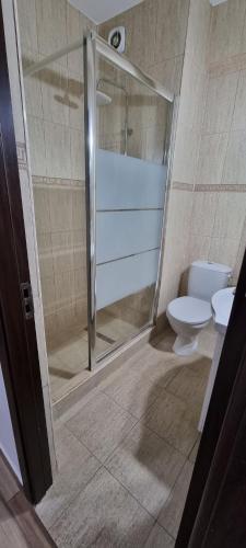 a bathroom with a shower and a toilet at Hotel Blue Sky Resort in Eforie Nord