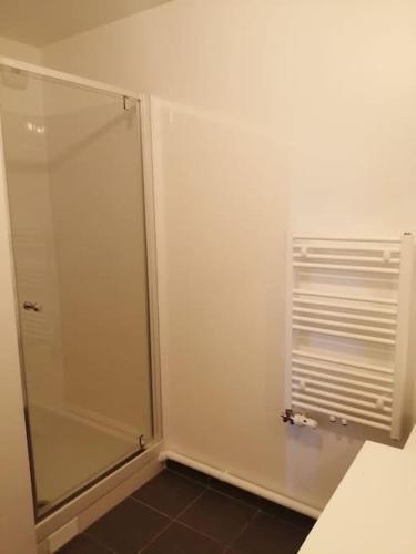 une cabine de douche avec une porte vitrée dans une salle de bain dans l'établissement TROPIK, Chic 15 min de Paris Quais de Seine, à Athis-Mons