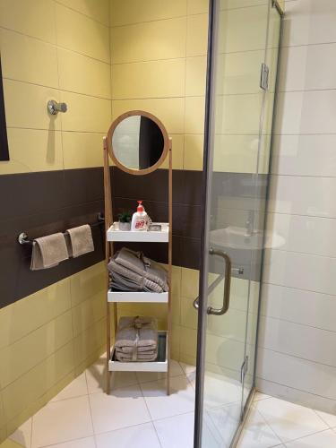 une salle de bain avec douche et miroir dans l'établissement شقه عائليه بمدخل خاص, à Riyad