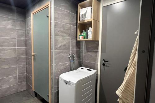 a small bathroom with a toilet and a shower at Villa Naali E in Kilpisjärvi