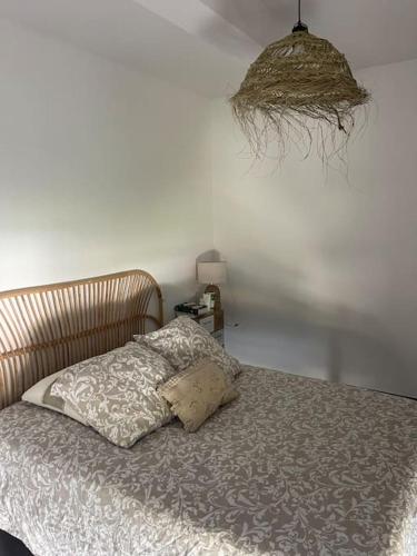 une chambre avec un lit avec un oreiller dessus dans l'établissement Appartement vue vigne, à Perpignan