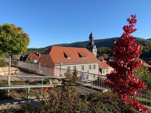 a church with a red tree in front of it at Evangelisches Allianzhaus in Bad Blankenburg