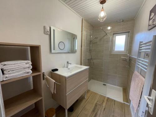 une salle de bain avec un lavabo et une douche dans l'établissement Maison de Village, 3 chambres, fibre, à Dunes