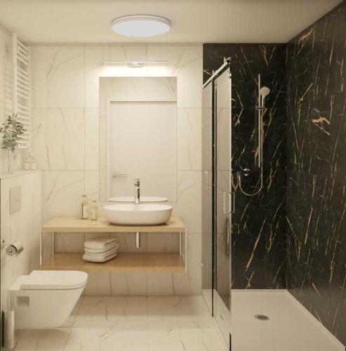 a bathroom with a sink and a toilet and a shower at Plac Wolności 6 airconditioning in Poznań