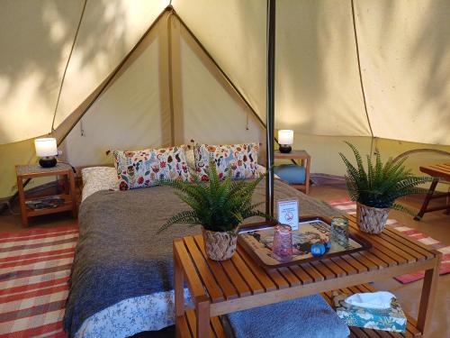 une chambre avec un lit dans une tente dans l'établissement Camping Etang Du Camp, à Sénergues