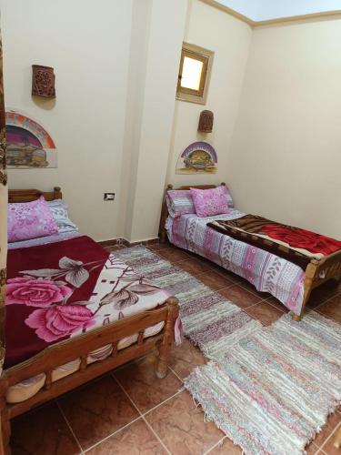 a bedroom with two beds and a rug at فندق النخيل in Siwa