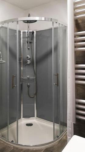 une douche avec une cabine en verre dans une salle de bain dans l'établissement YLIA un petit coin en Ardèche, à Saint-Julien-en-Saint-Alban