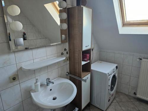 a bathroom with a sink and a washing machine at Haus zur Mühle in Emsbüren