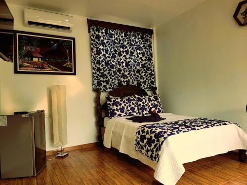 a bedroom with a bed with a curtain and a window at Tico Bed & Breakfast La Fortuna in Fortuna