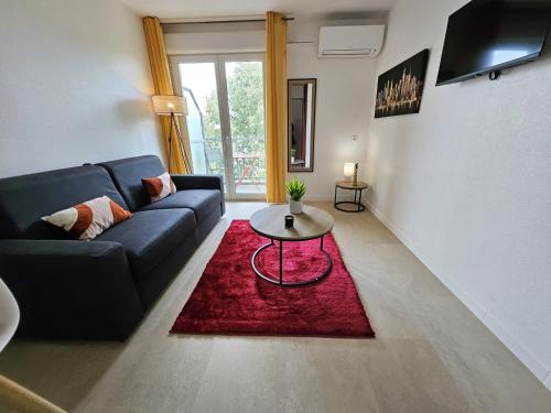 a living room with a blue couch and a red rug at Agréable Studio - Centre ville - Balcon in Toulouse