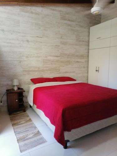 a bedroom with a red bed and a brick wall at Granados in Asuncion