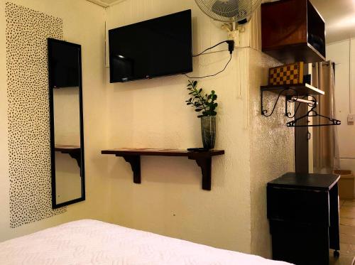 a bedroom with a tv on the wall and a bed at Tico Bed & Breakfast La Fortuna in Fortuna