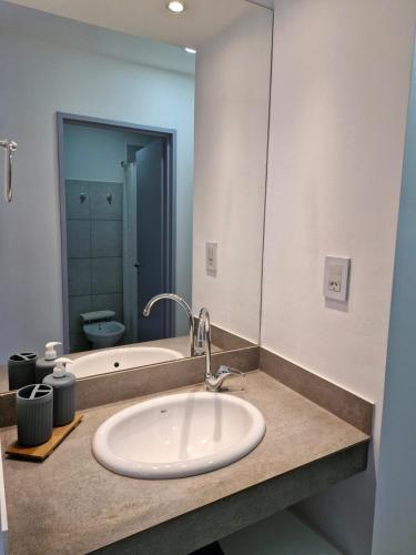 a bathroom with a sink and a bath tub at Apart Origenes 1 in Villa Regina