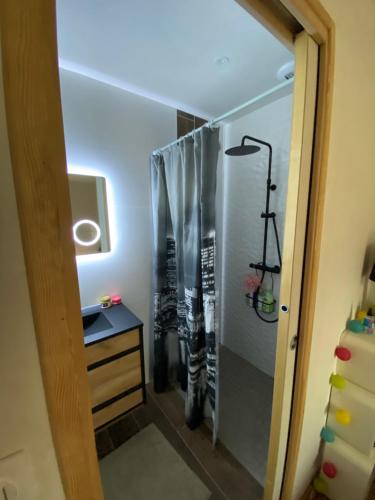 a bathroom with a shower with a sink and a mirror at Maison Koh Tao - Chambre chez l habitant - in Langueux