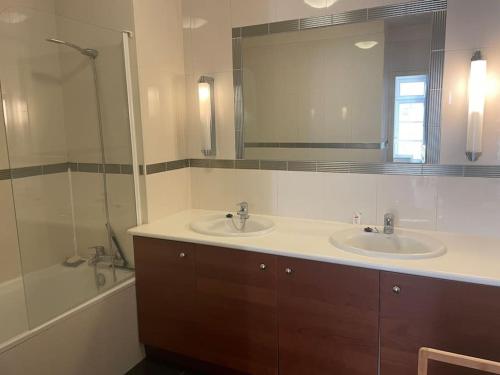 une salle de bain avec deux lavabos, un miroir et une baignoire dans l'établissement Appartement Grand T2 Hypercentre, à Bordeaux