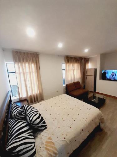 a bedroom with a bed and a couch and a television at DEPA CAMa QUEEN in Huancayo