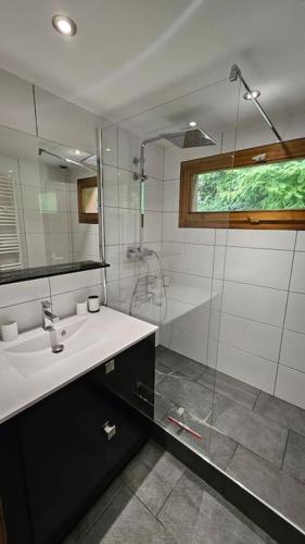une salle de bain avec un lavabo et une douche dans l'établissement Bel appartement 3 chambres plein sud, à Bourg-Saint-Maurice