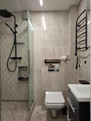 a bathroom with a shower and a toilet and a sink at Žemaičių g apartamentai in Kretinga