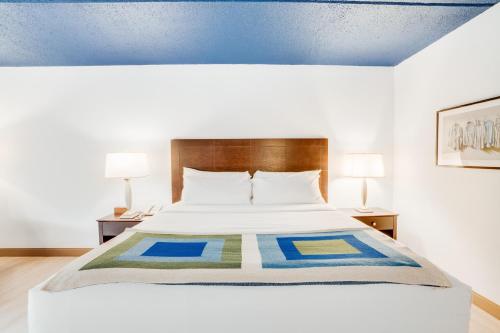 a bedroom with a large bed with a blue ceiling at Hotel Downstreet, an Ascend Collection Hotel in North Adams
