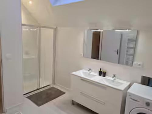 une salle de bain blanche avec un lavabo et une douche dans l'établissement La Grande Hogue, à Dragey-Ronthon