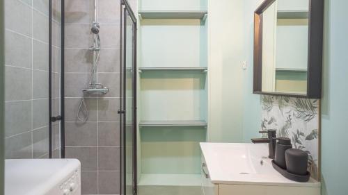 une salle de bain avec une douche, un lavabo et un miroir dans l'établissement Amazonia 1 - Hypercentre - 2 pers, à Troyes