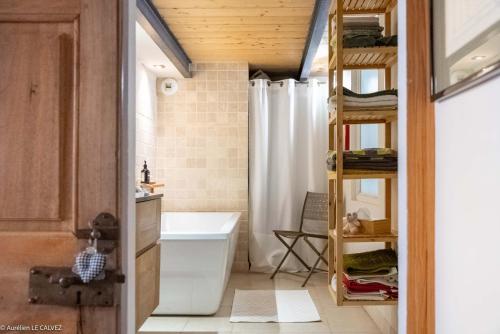 La salle de bains est pourvue d'une baignoire, de toilettes et d'une échelle. dans l'établissement Loft de charme - centre historique, à Aix-en-Provence