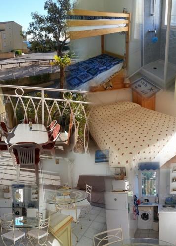 une chambre avec deux lits, une table et des chaises dans l'établissement bleu marine, à Bormes-les-Mimosas