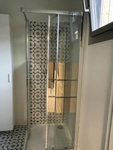 une douche dans une salle de bain avec une porte vitrée dans l'établissement Le Marceau - Maison climatisée avec jardin, à Carcassonne