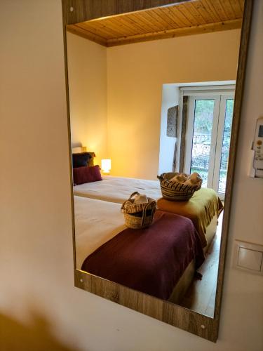 a mirror reflecting a bedroom with two beds in a room at Casa de Campo Vale do Ceira in Góis